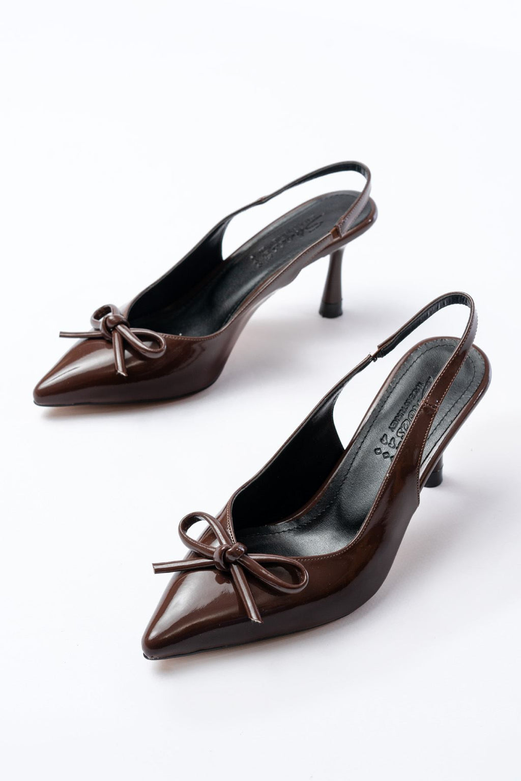 Ayakkabı Aşkı İNF-45 Kahve Rugan Günlük Arkası Açık Fiyonklu Topuklu Bayan Ayakkabı - Ayakkabı Aşkı