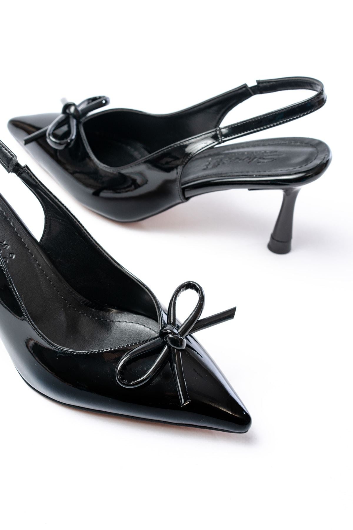 Ayakkabı Aşkı İNF-45 Siyah Rugan Günlük Arkası Açık Fiyonklu Topuklu Bayan Ayakkabı - Ayakkabı Aşkı