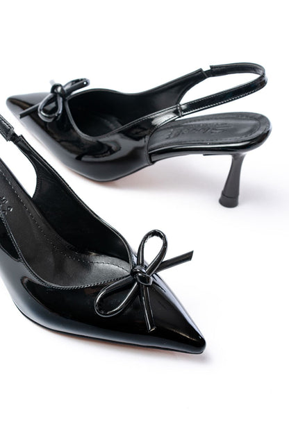 Ayakkabı Aşkı İNF-45 Siyah Rugan Günlük Arkası Açık Fiyonklu Topuklu Bayan Ayakkabı