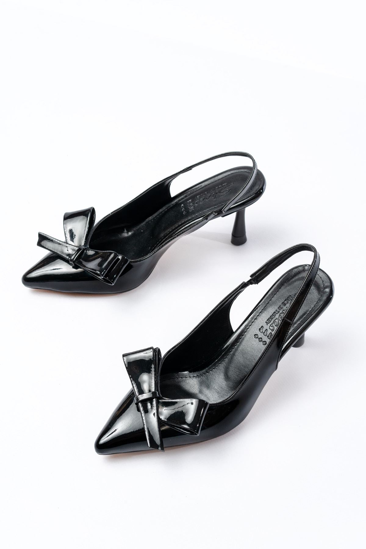 Ayakkabı Aşkı İNF-4501 Siyah Rugan Günlük Arkası Açık Fiyonklu Topuklu Bayan Ayakkabı