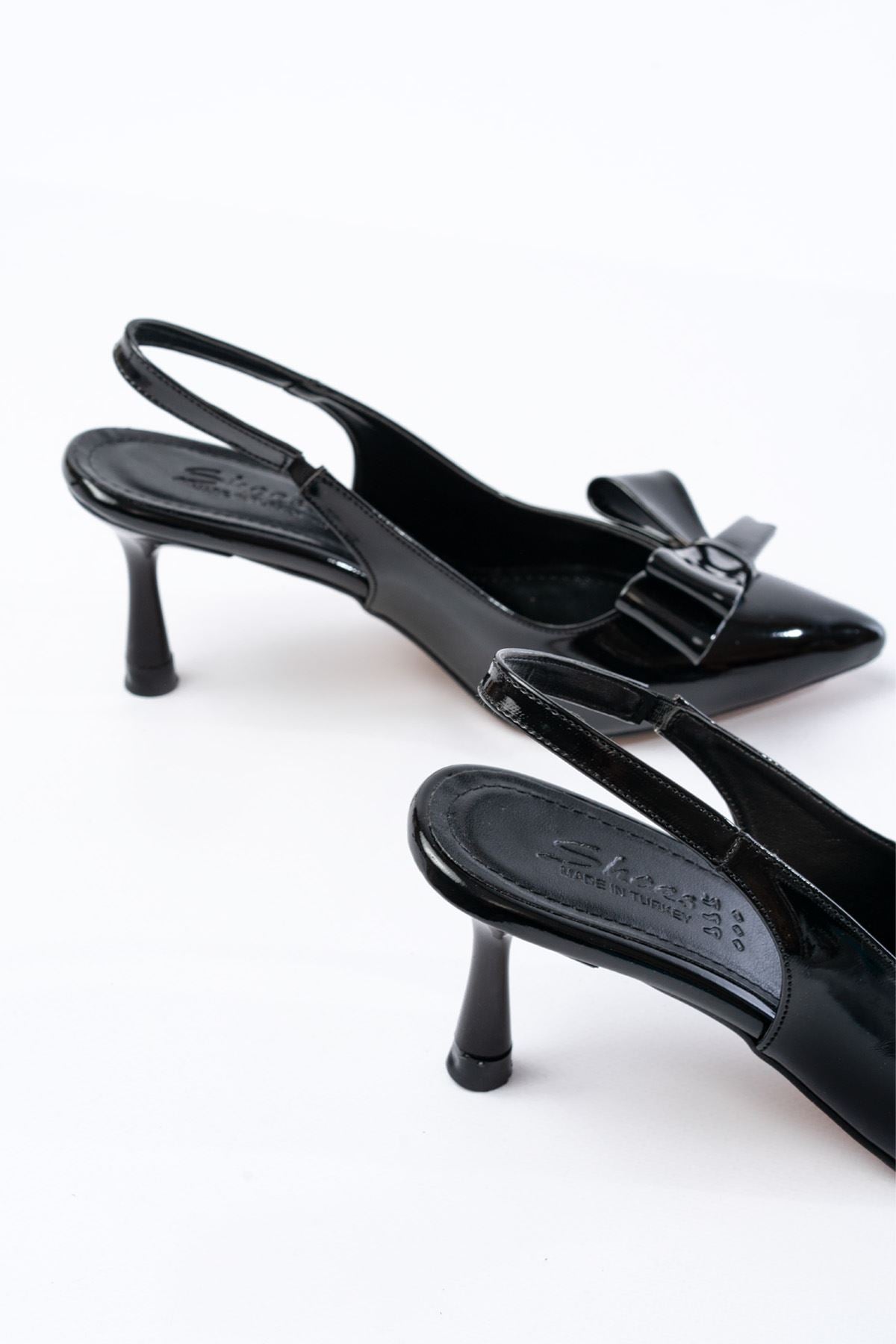 Ayakkabı Aşkı İNF-4501 Siyah Rugan Günlük Arkası Açık Fiyonklu Topuklu Bayan Ayakkabı