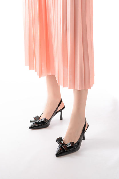 Ayakkabı Aşkı İNF-4501 Siyah Rugan Günlük Arkası Açık Fiyonklu Topuklu Bayan Ayakkabı