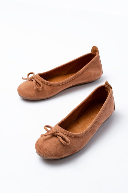 Ayakkabı Aşkı 6101 Taba Süet Fiyonklu Günlük Kadın Babet