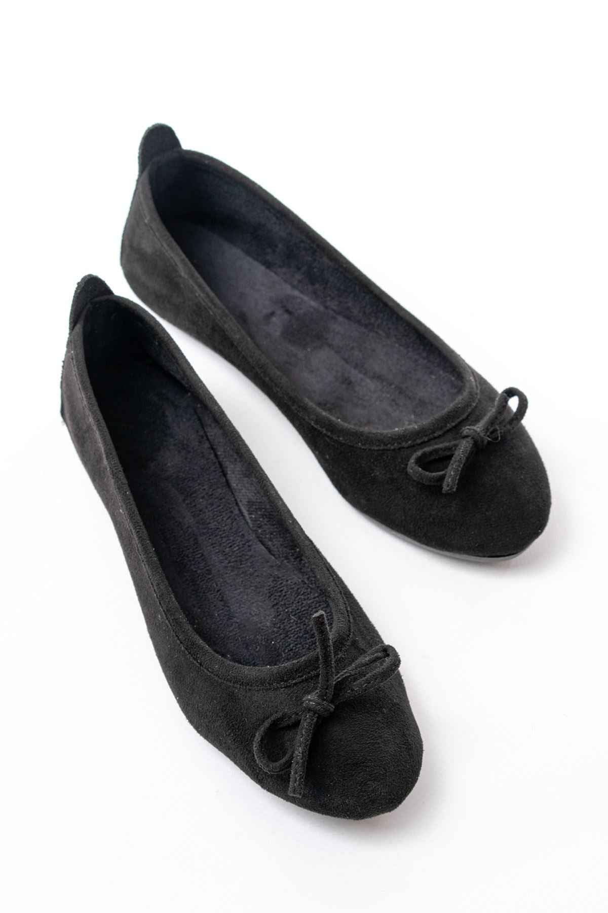 Ayakkabı Aşkı 6101 Siyah Süet Fiyonklu Günlük Kadın Babet