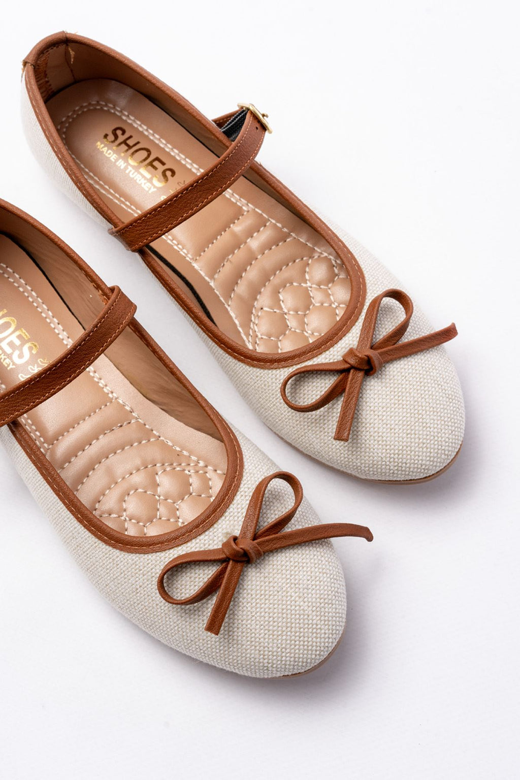 Ayakkabı Aşkı 6321 Bej Keten Günlük Baret Tokalı Bayan Babet - Ayakkabı Aşkı