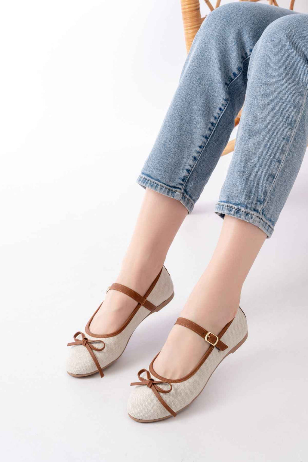 Ayakkabı Aşkı 6321 Bej Keten Günlük Baret Tokalı Bayan Babet