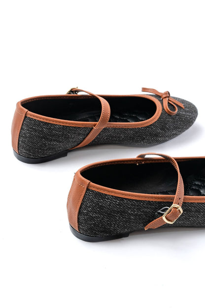 Ayakkabı Aşkı 6321 Siyah Keten Günlük Baret Tokalı Bayan Babet