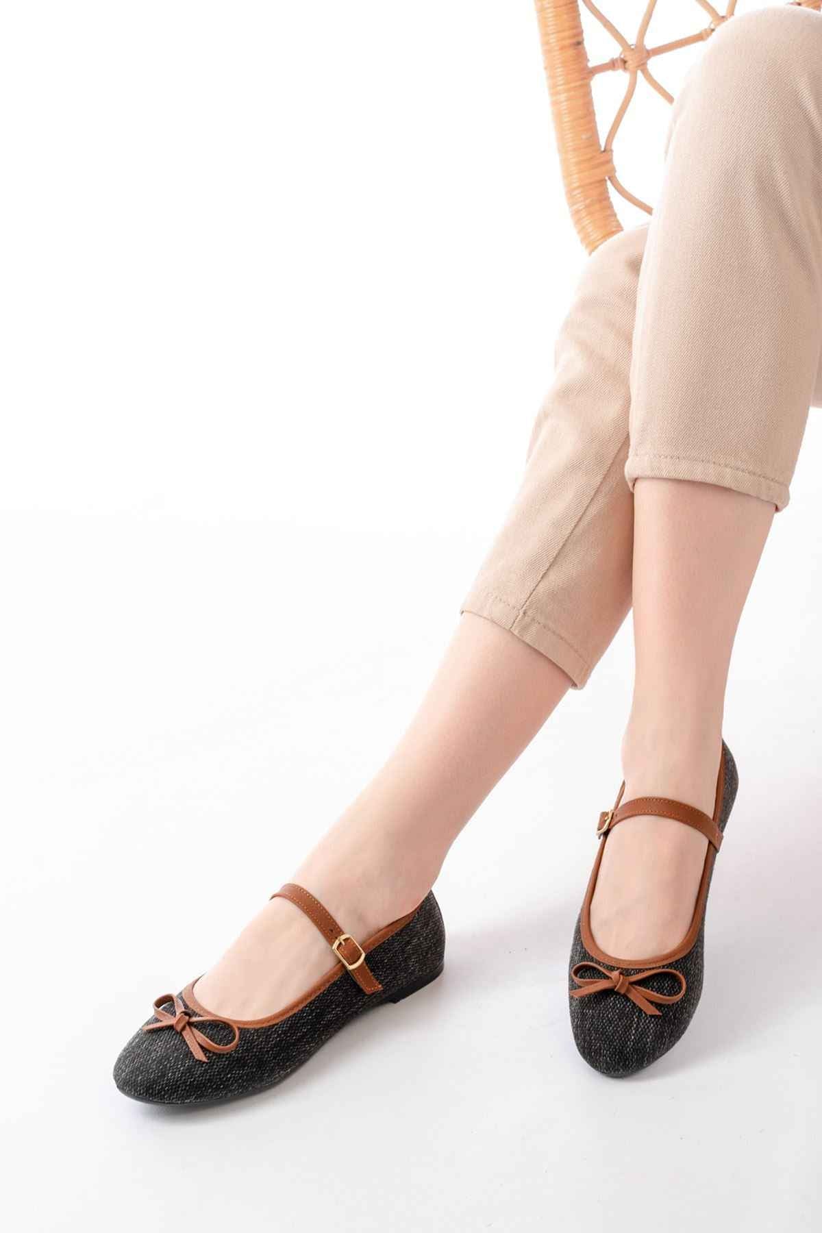 Ayakkabı Aşkı 6321 Siyah Keten Günlük Baret Tokalı Bayan Babet