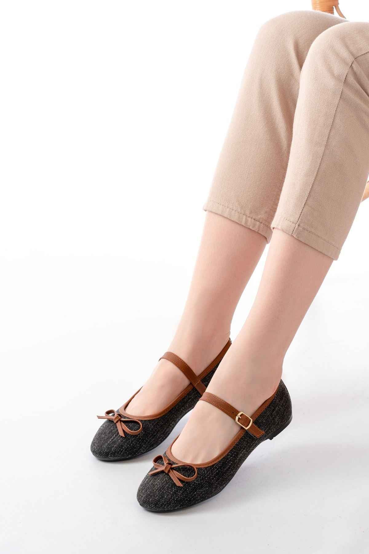 Ayakkabı Aşkı 6321 Siyah Keten Günlük Baret Tokalı Bayan Babet