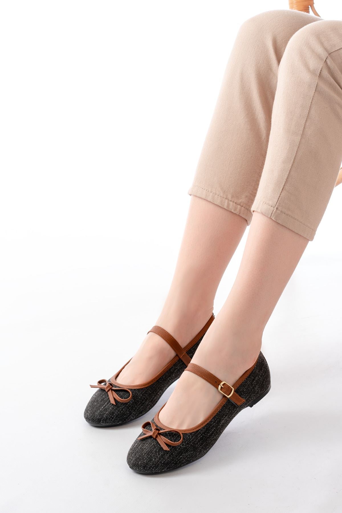 Ayakkabı Aşkı 6321 Siyah Keten Günlük Baret Tokalı Bayan Babet - Ayakkabı Aşkı