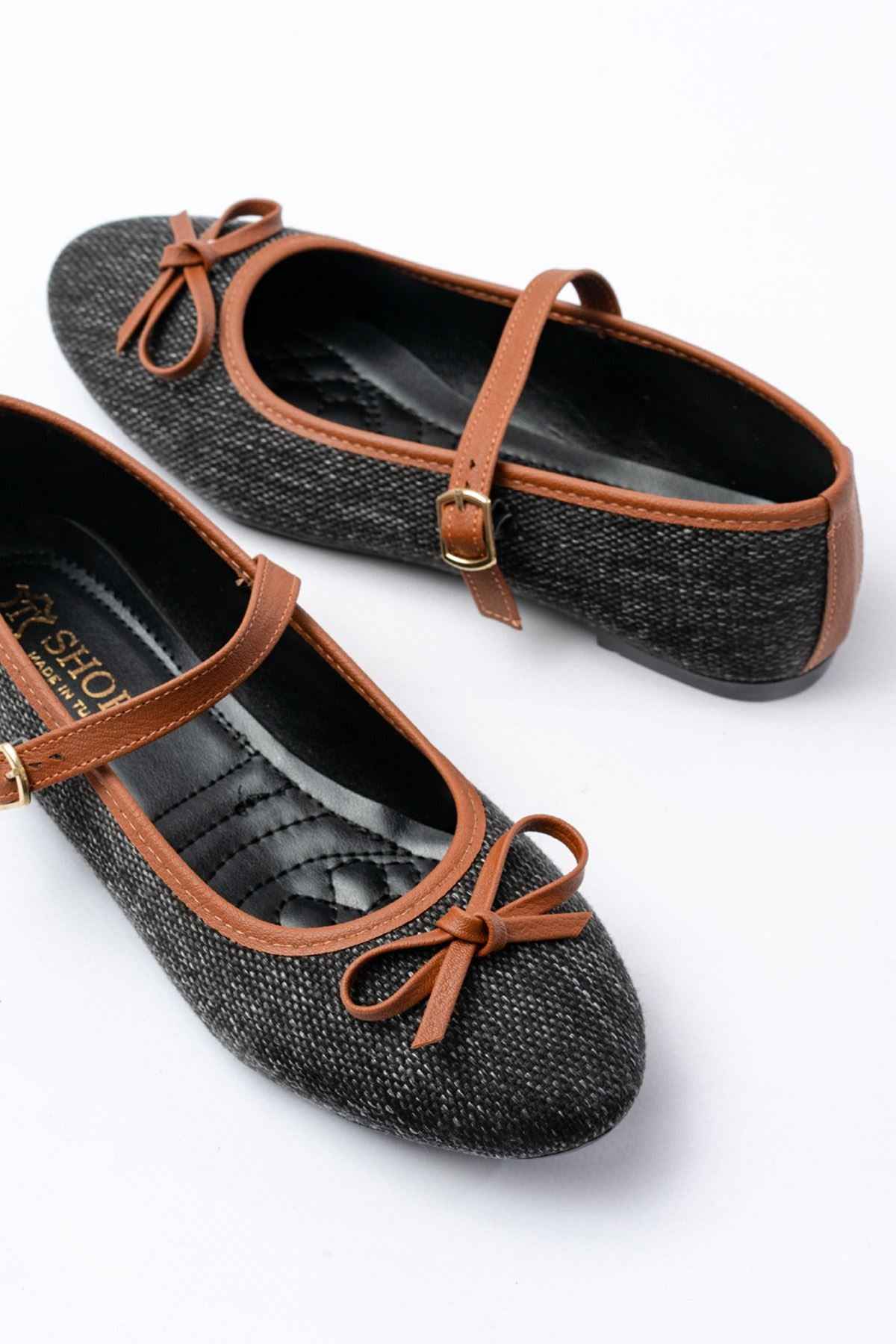 Ayakkabı Aşkı 6321 Siyah Keten Günlük Baret Tokalı Bayan Babet