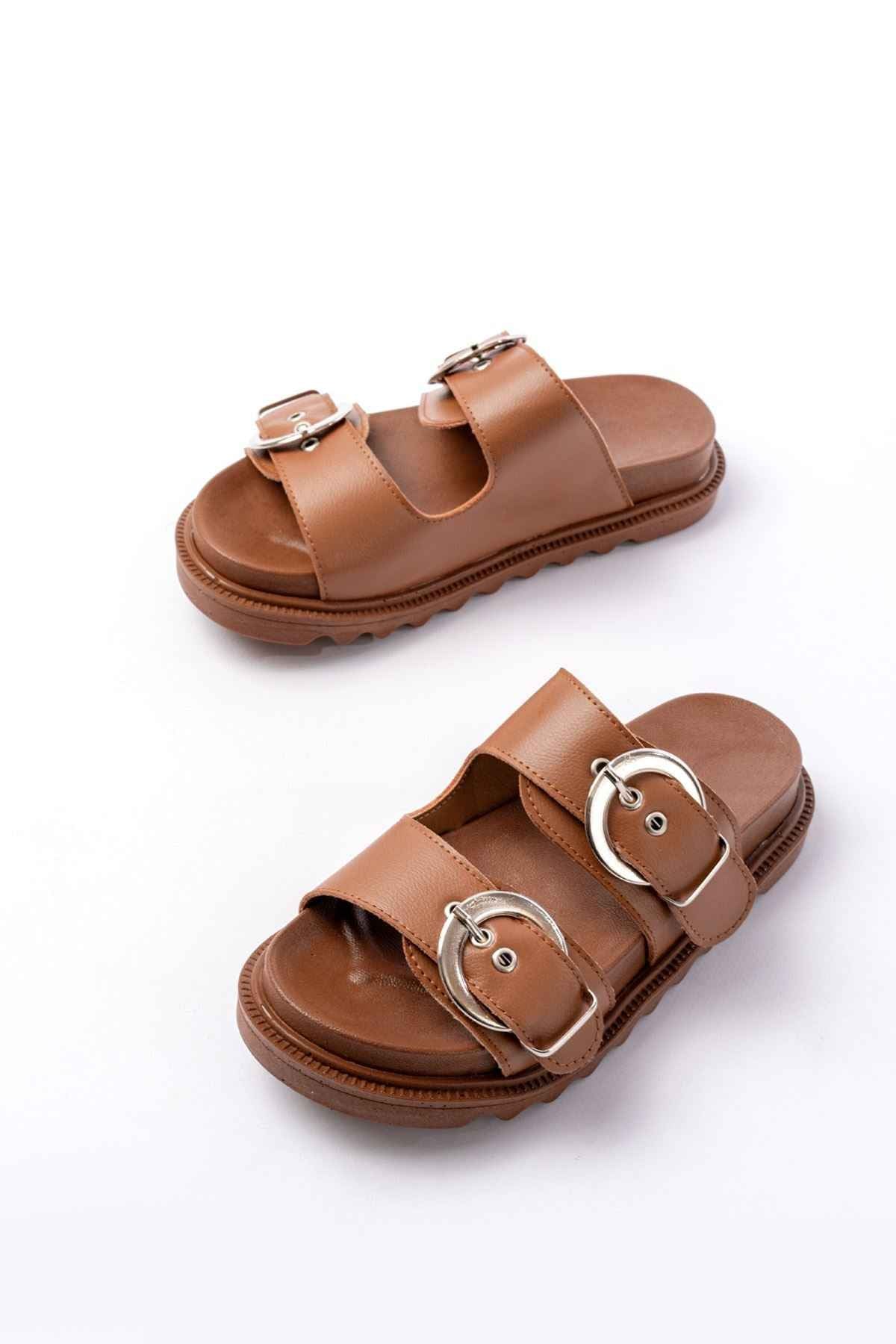 Ayakkabı Aşkı Dm-6010 Taba Toka Aksesuarlı Günlük Kadın Terlik