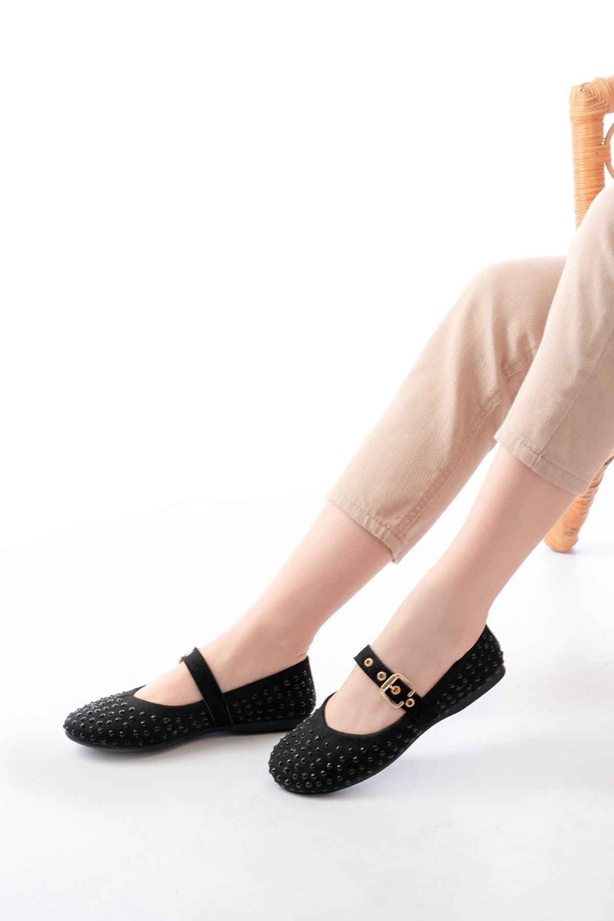 Ayakkabı Aşkı Dm-6020 Siyah Troklu Baret Tokalı Günlük Kadın Babet