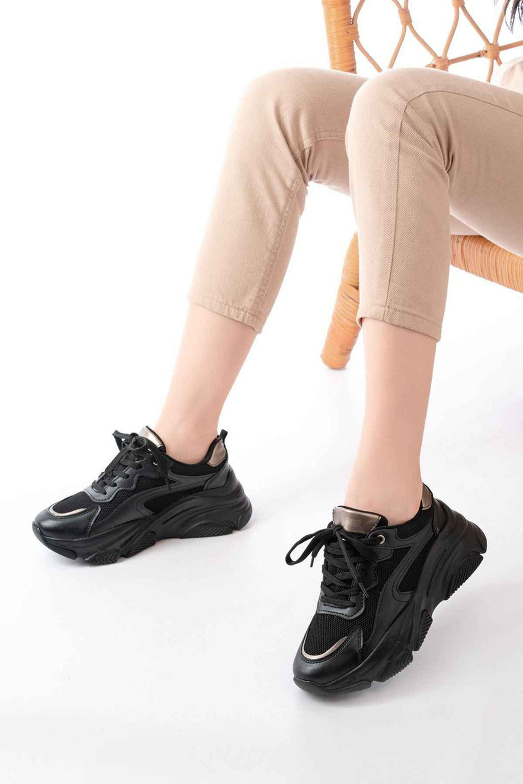 Ayakkabı Aşkı Sp-149 Siyah Platin Bağcıklı Fileli Günlük Spor Ayakkabı