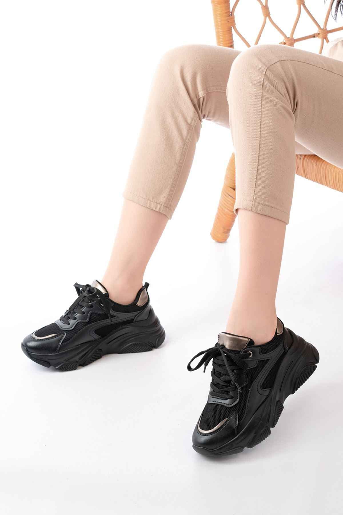 Ayakkabı Aşkı Sp-149 Siyah Platin Bağcıklı Fileli Günlük Spor Ayakkabı