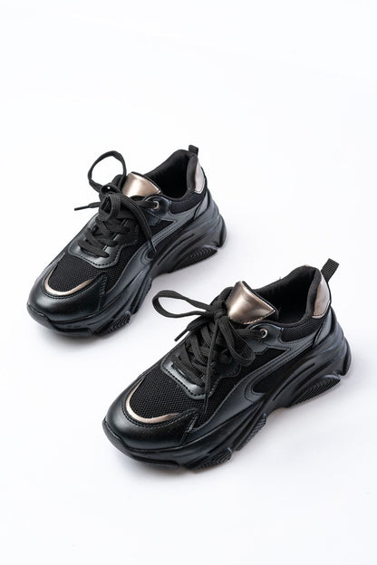 Ayakkabı Aşkı Siyah Platin Bağcıklı Fileli Günlük Spor Ayakkabı