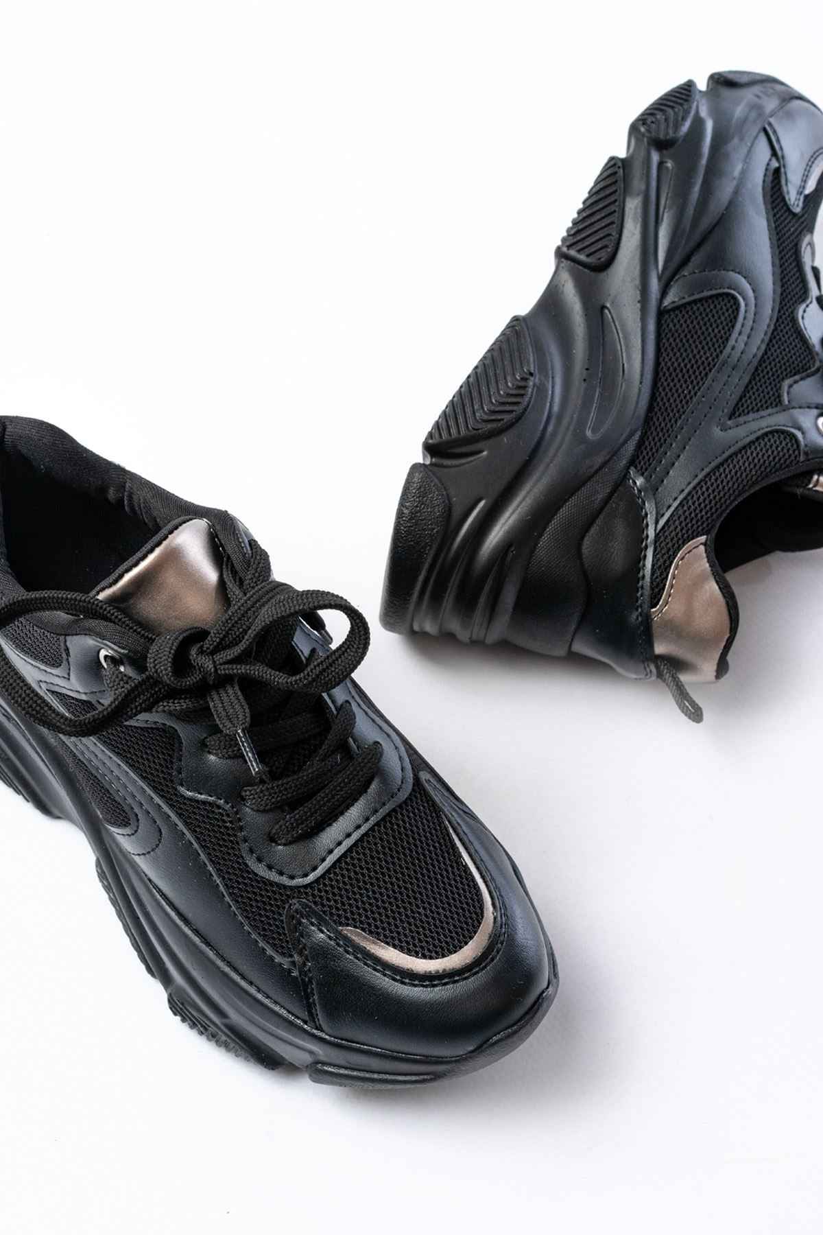 Ayakkabı Aşkı Sp-149 Siyah Platin Bağcıklı Fileli Günlük Spor Ayakkabı