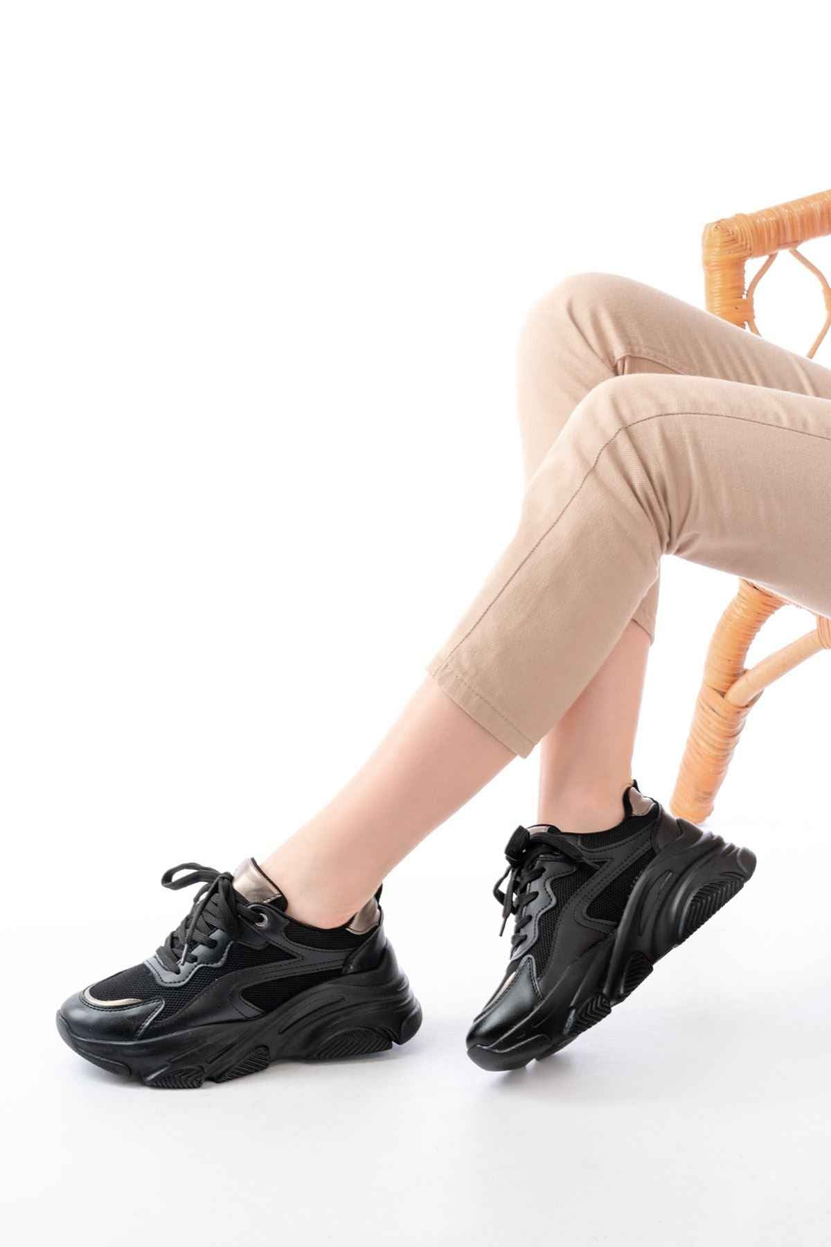 Ayakkabı Aşkı Sp-149 Siyah Platin Bağcıklı Fileli Günlük Spor Ayakkabı