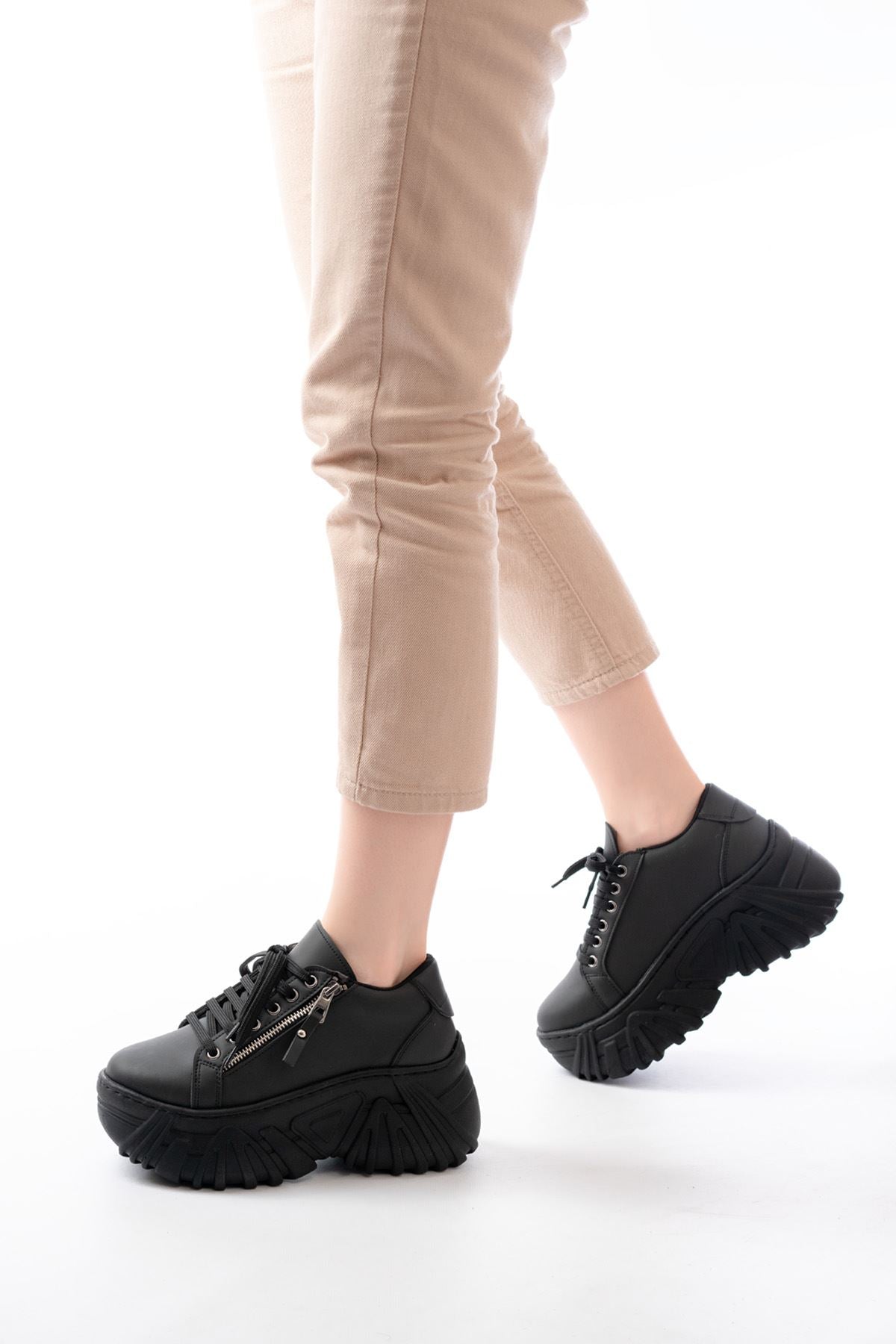 Ayakkabı Aşkı Siyah Bağcıklı Fermuarlı Yüksek Taban Günlük Spor Ayakkabı - Ayakkabı Aşkı