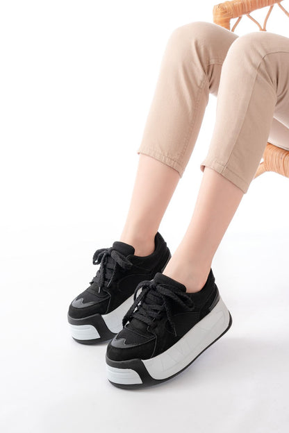 SP-190 Siyah Garni Bağcıklı Fileli Yüksek Taban Günlük Spor Ayakkabı - Siyah