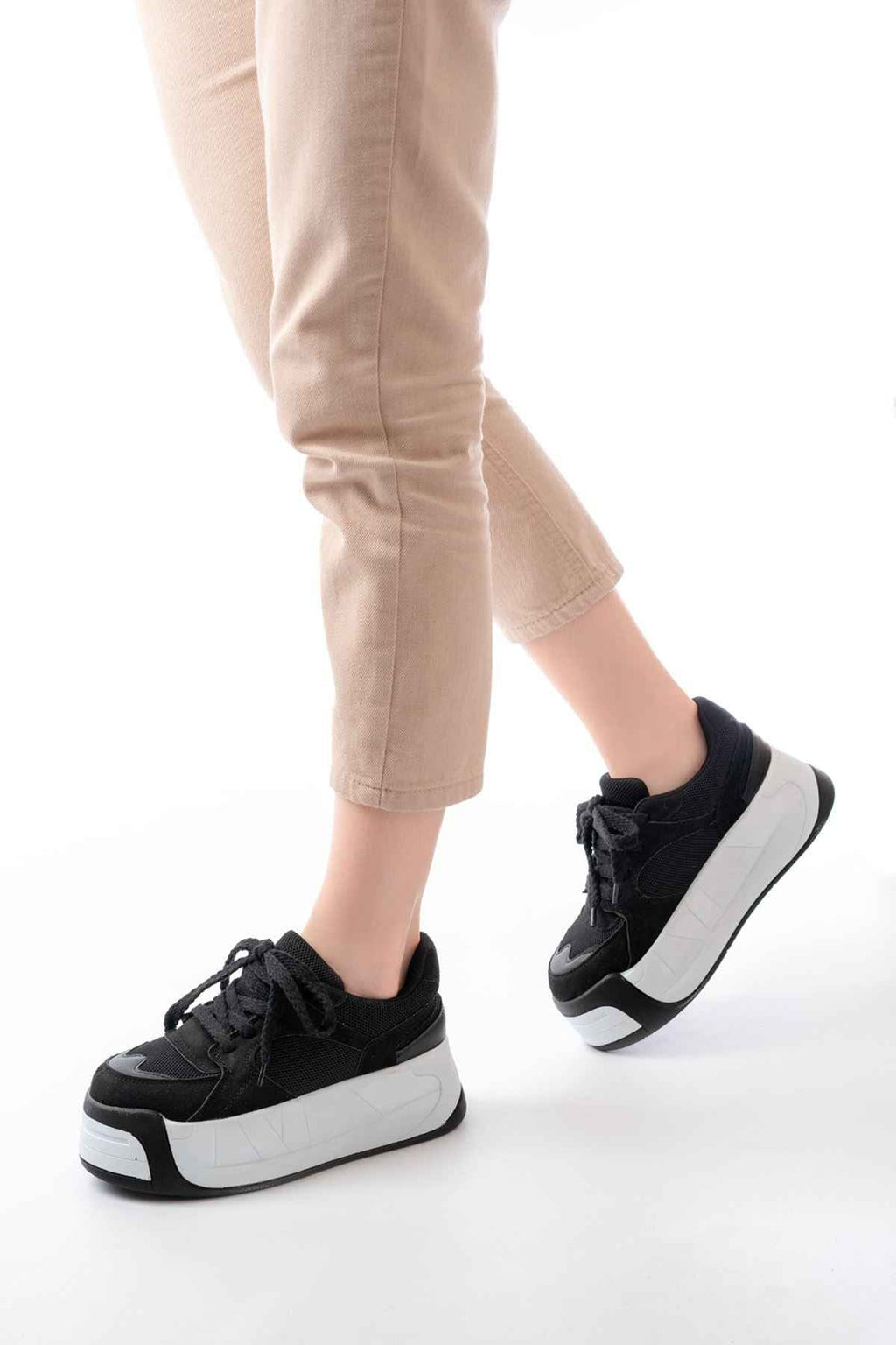 Ayakkabı Aşkı Sp-190 Siyah Garni Bağcıklı Fileli Yüksek Taban Günlük Spor Ayakkabı
