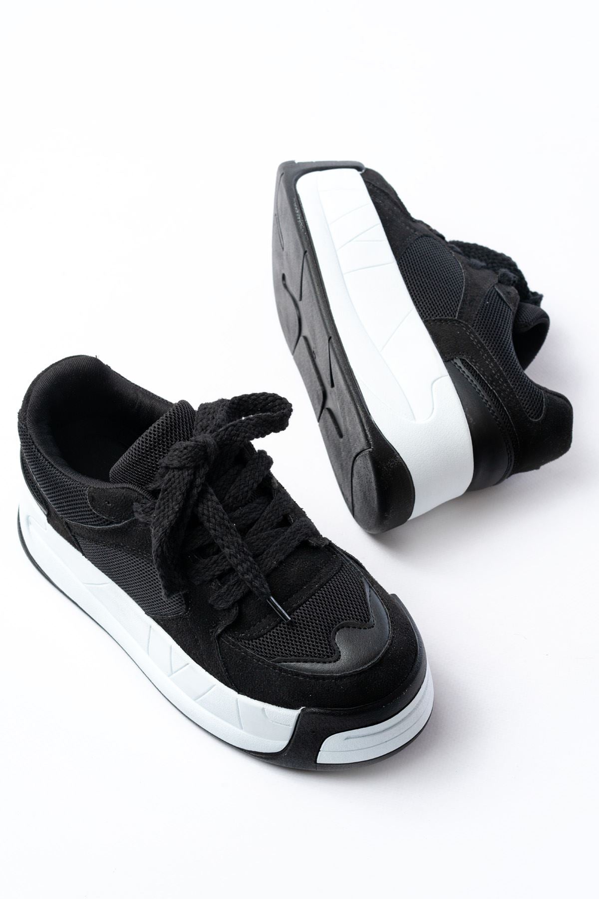 Ayakkabı Aşkı Siyah Garni Bağcıklı Fileli Yüksek Taban Günlük Spor Ayakkabı