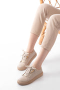 Ayakkabı Aşkı Bej Bağcıklı Taban Dikişli Günlük Kadın Spor - Ayakkabı Aşkı