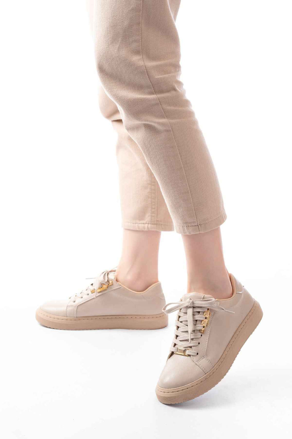 Ayakkabı Aşkı P-910 Bej Bağcıklı Taban Dikişli Günlük Kadın Spor