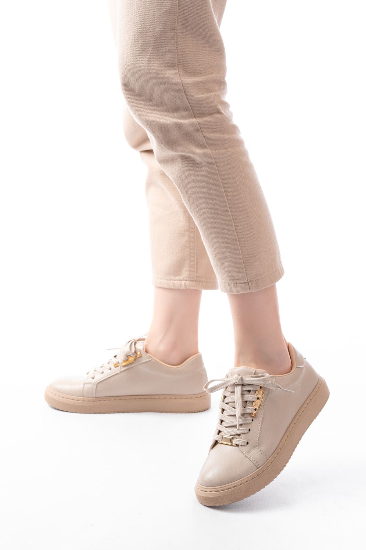Ayakkabı Aşkı Bej Bağcıklı Taban Dikişli Günlük Kadın Spor