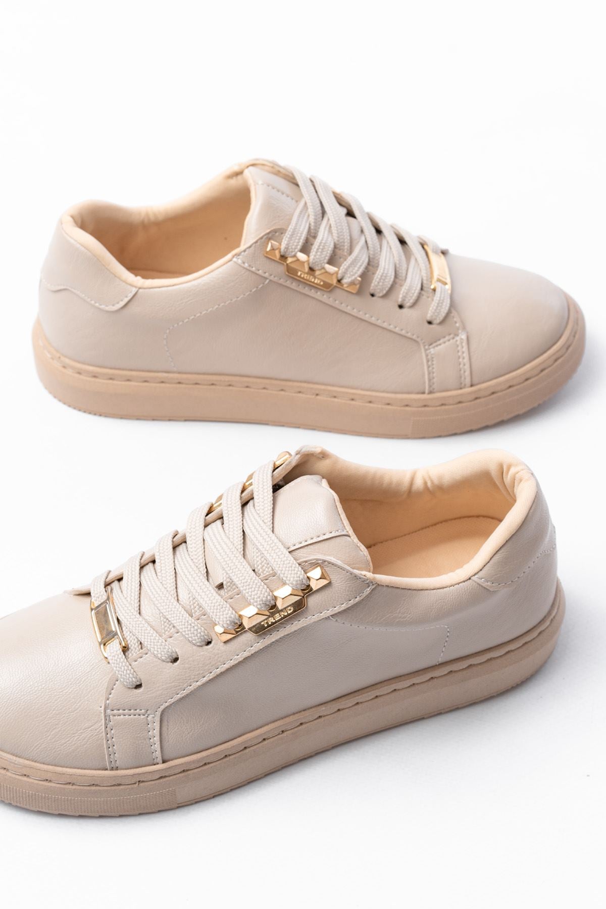 Ayakkabı Aşkı Bej Bağcıklı Taban Dikişli Günlük Kadın Spor - Ayakkabı Aşkı
