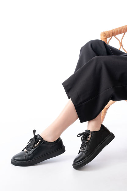 P-910 Siyah Bağcıklı Taban Dikişli Günlük Kadın Spor - Siyah