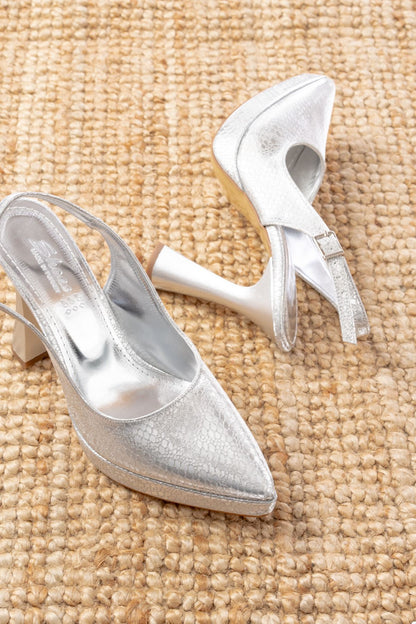 Ayakkabı Aşkı Gümüş Günlük Arkası Açık Yılan Desenli Topuklu Bayan Ayakkabı