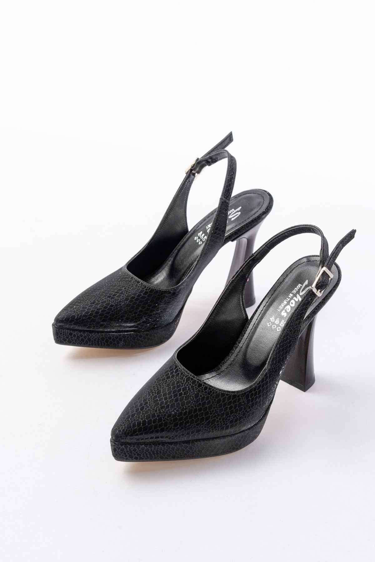 Ayakkabı Aşkı B-2101 Siyah Günlük Arkası Açık Yılan Desenli Topuklu Bayan Ayakkabı