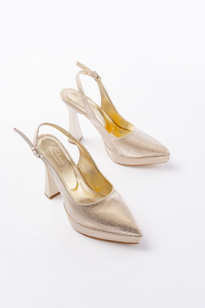 Ayakkabı Aşkı Gold Günlük Arkası Açık Yılan Desenli Topuklu Bayan Ayakkabı
