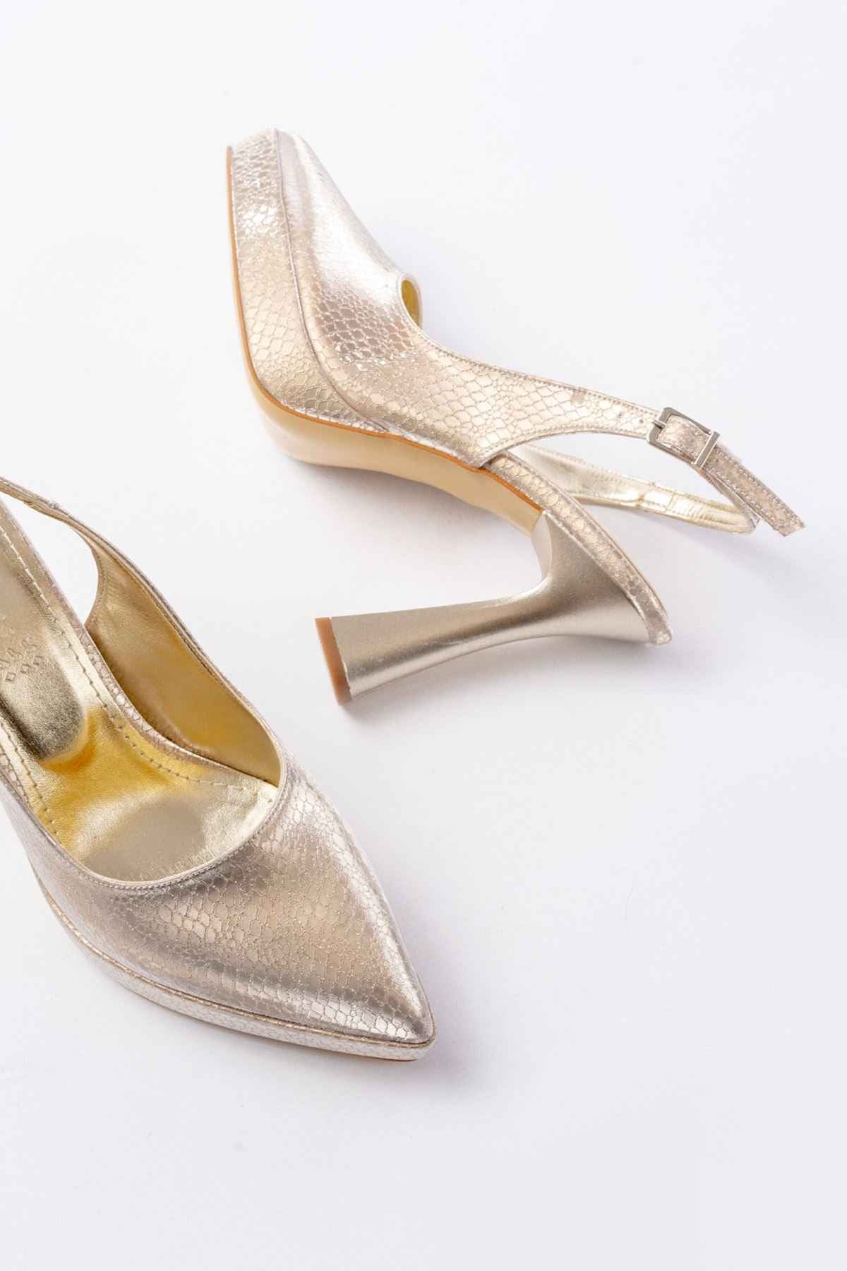 Ayakkabı Aşkı B-2101 Gold Günlük Arkası Açık Yılan Desenli Topuklu Bayan Ayakkabı