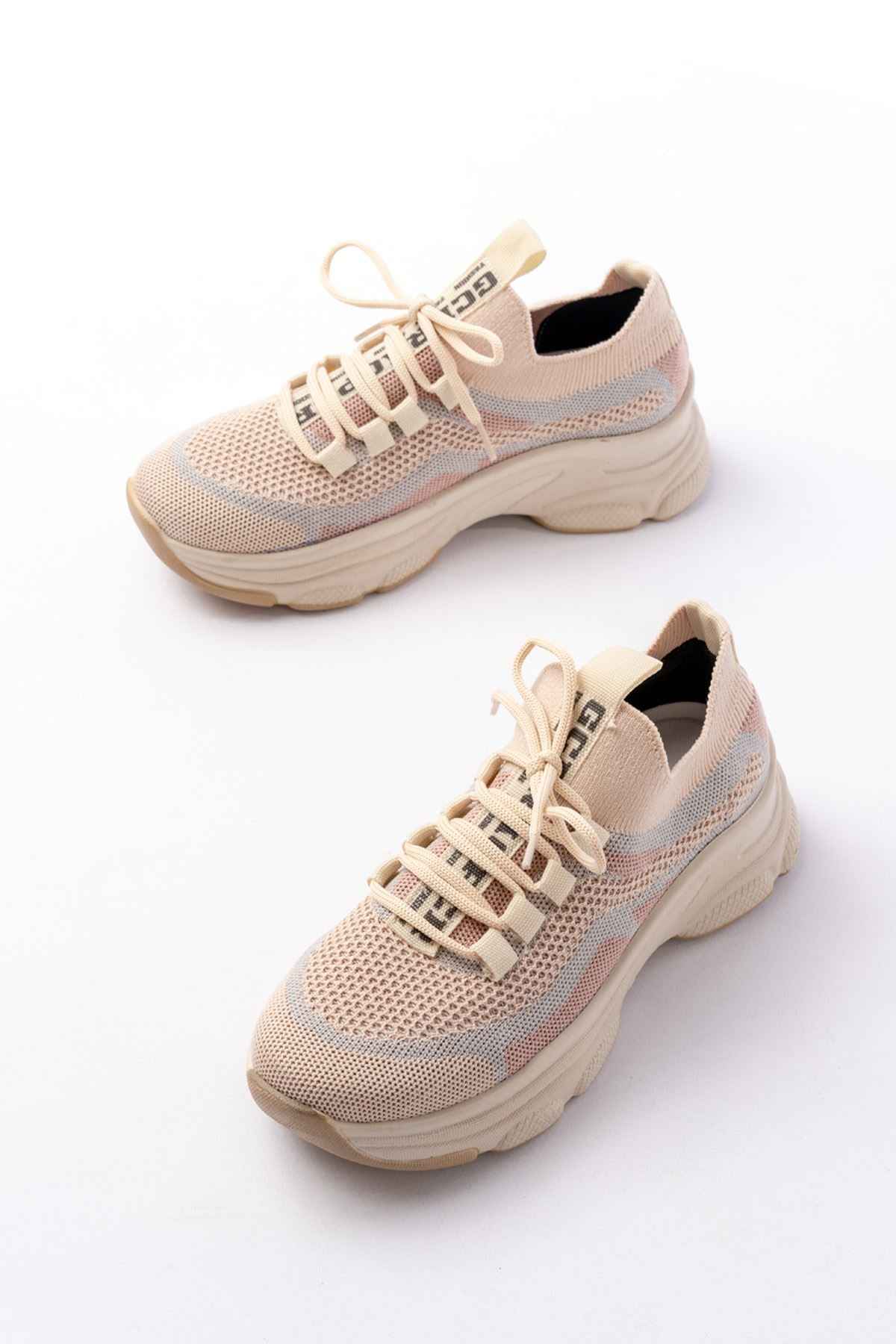 Ayakkabı Aşkı 3001  Bej Bağcıklı Fileli Günlük Spor Ayakkabı