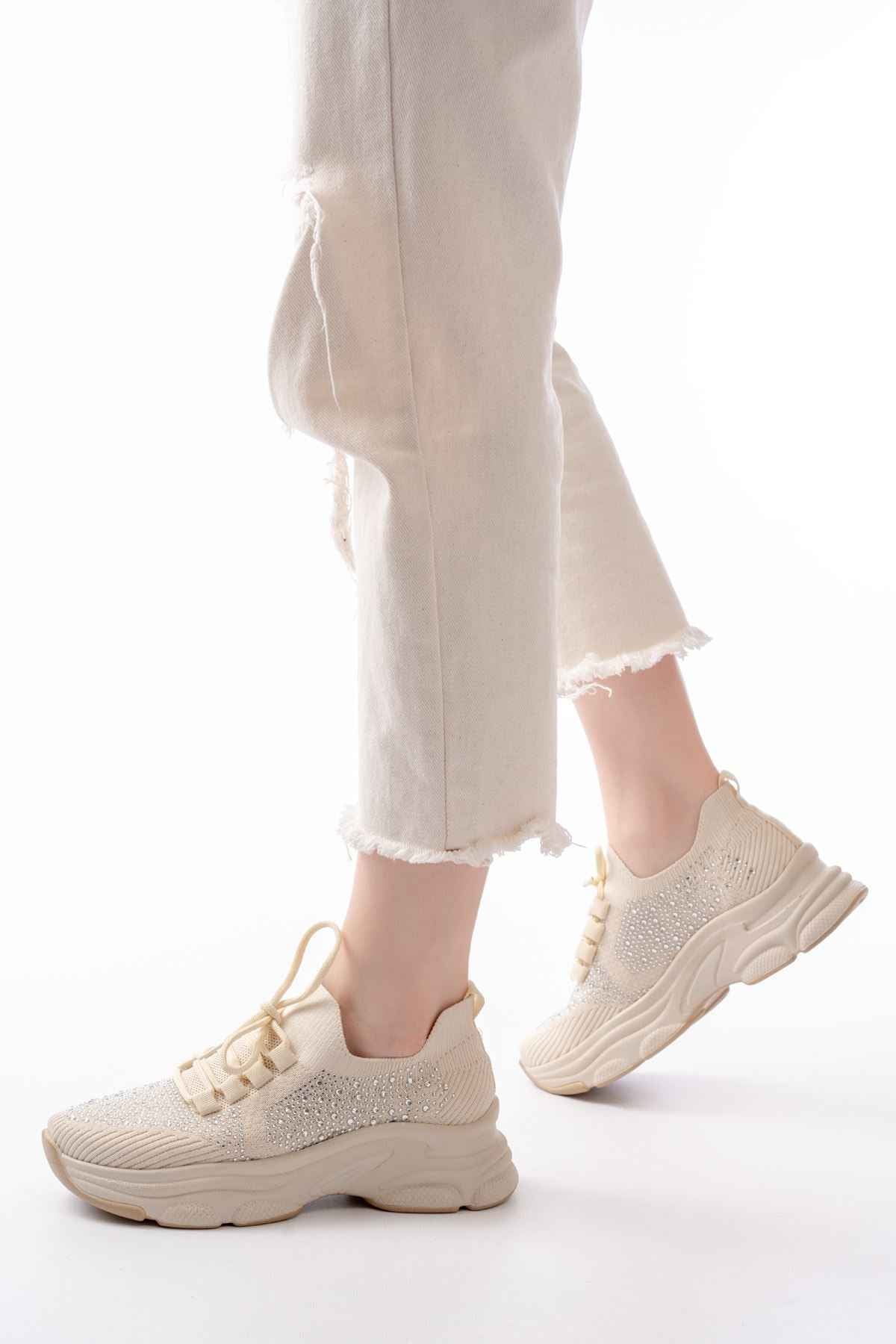 Ayakkabı Aşkı 3002  Bej Bağcıklı Fileli Taş Aksesuarlı Günlük Spor Ayakkabı