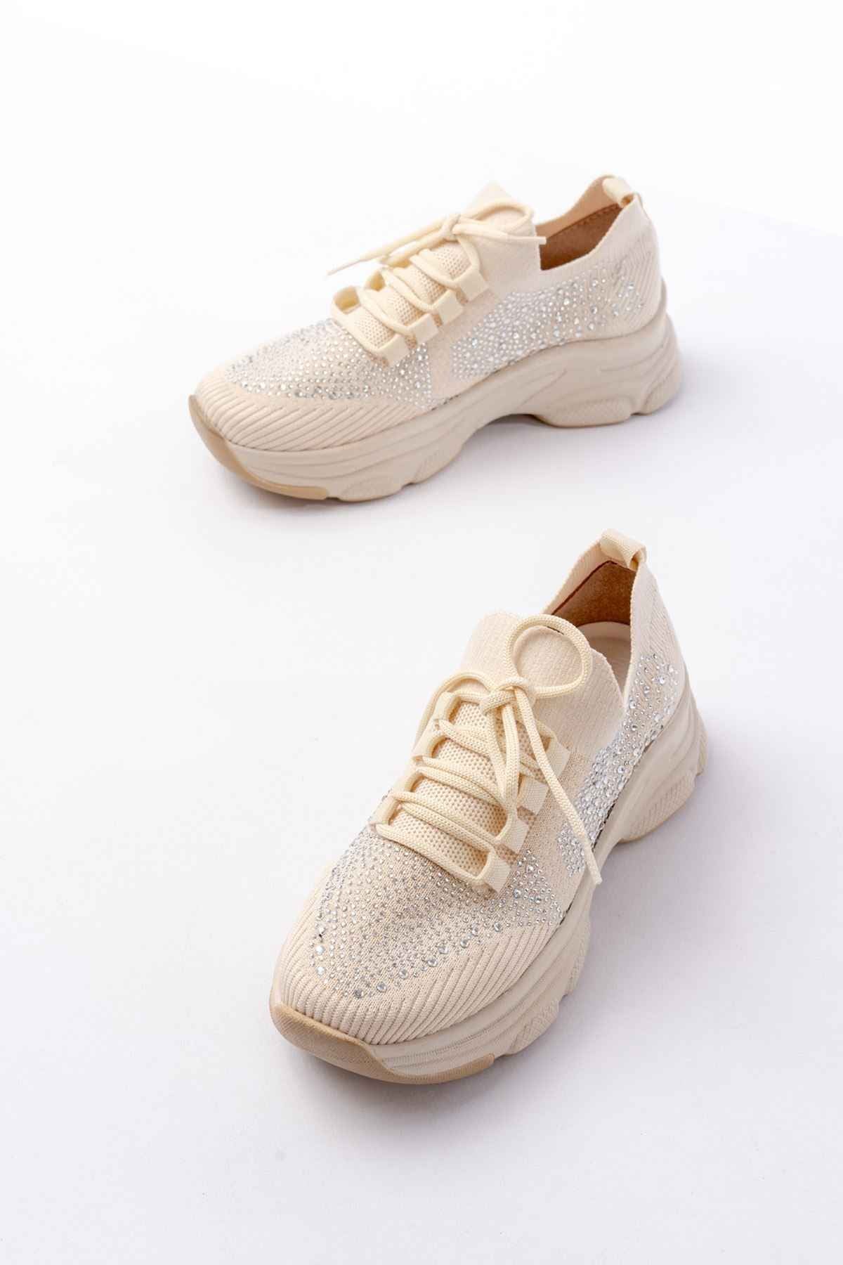 Ayakkabı Aşkı 3002  Bej Bağcıklı Fileli Taş Aksesuarlı Günlük Spor Ayakkabı