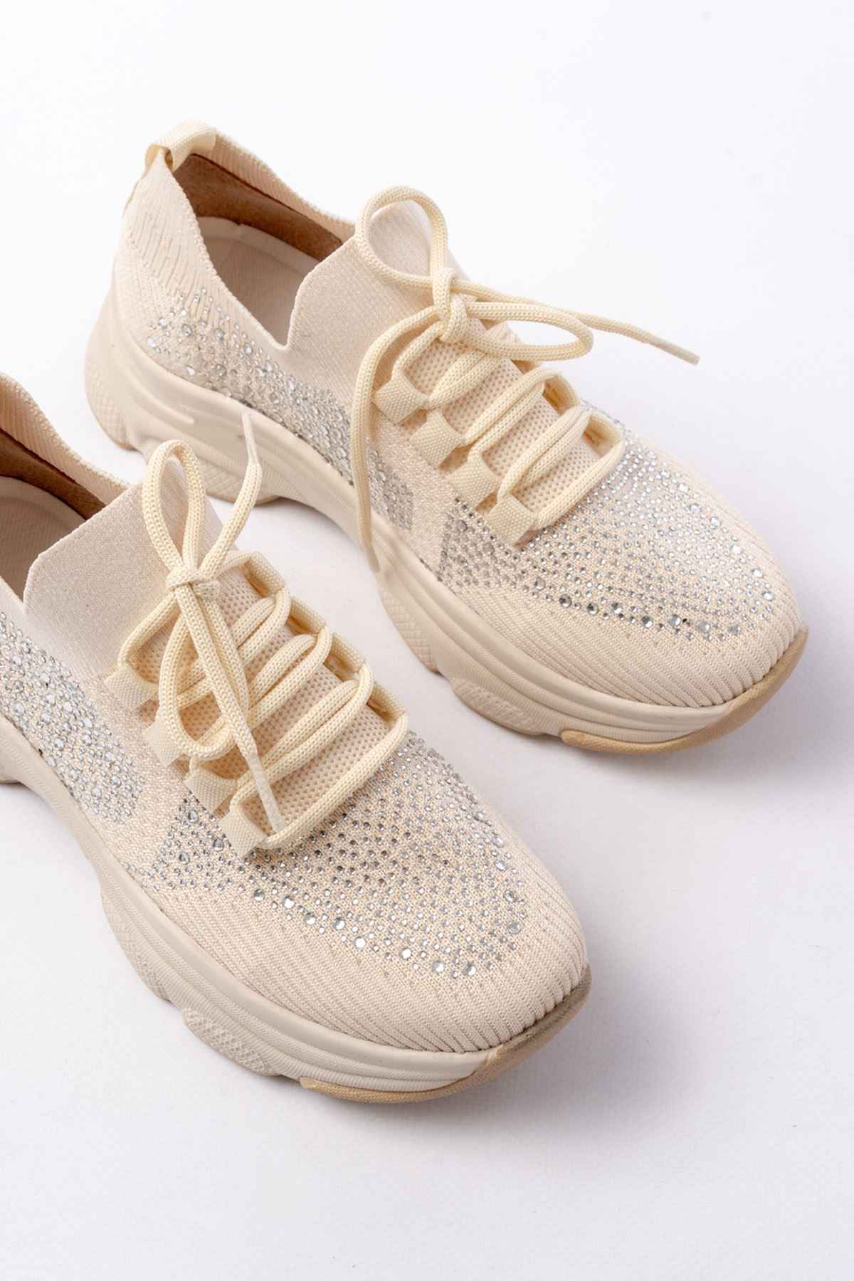 Ayakkabı Aşkı 3002  Bej Bağcıklı Fileli Taş Aksesuarlı Günlük Spor Ayakkabı