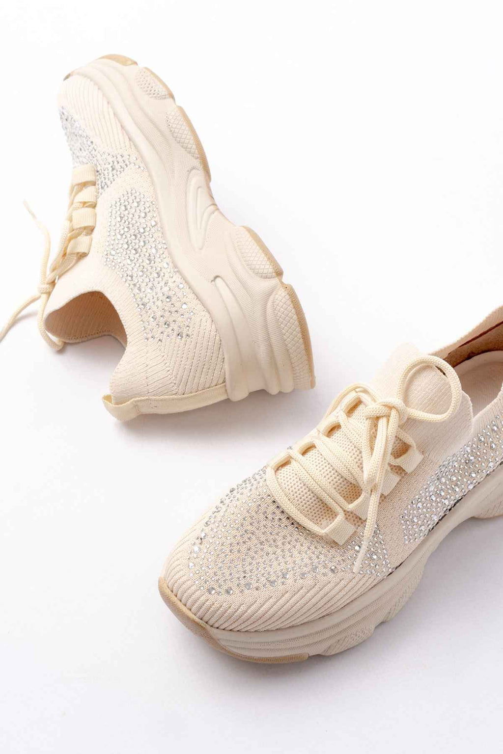 Ayakkabı Aşkı 3002  Bej Bağcıklı Fileli Taş Aksesuarlı Günlük Spor Ayakkabı