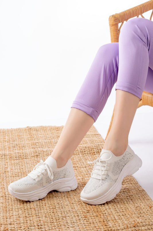 Ayakkabı Aşkı 3002 Beyaz Bağcıklı Fileli Taş Aksesuarlı Günlük Spor Ayakkabı