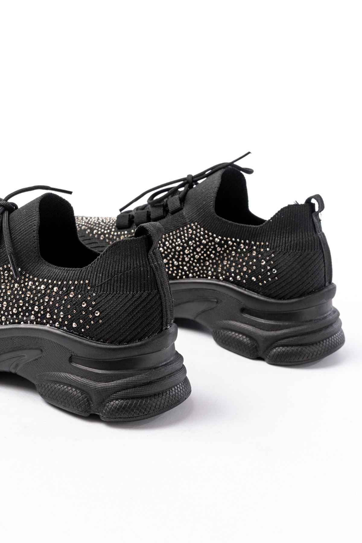 Ayakkabı Aşkı 3002  Siyah Bağcıklı Fileli Taş Aksesuarlı Günlük Spor Ayakkabı
