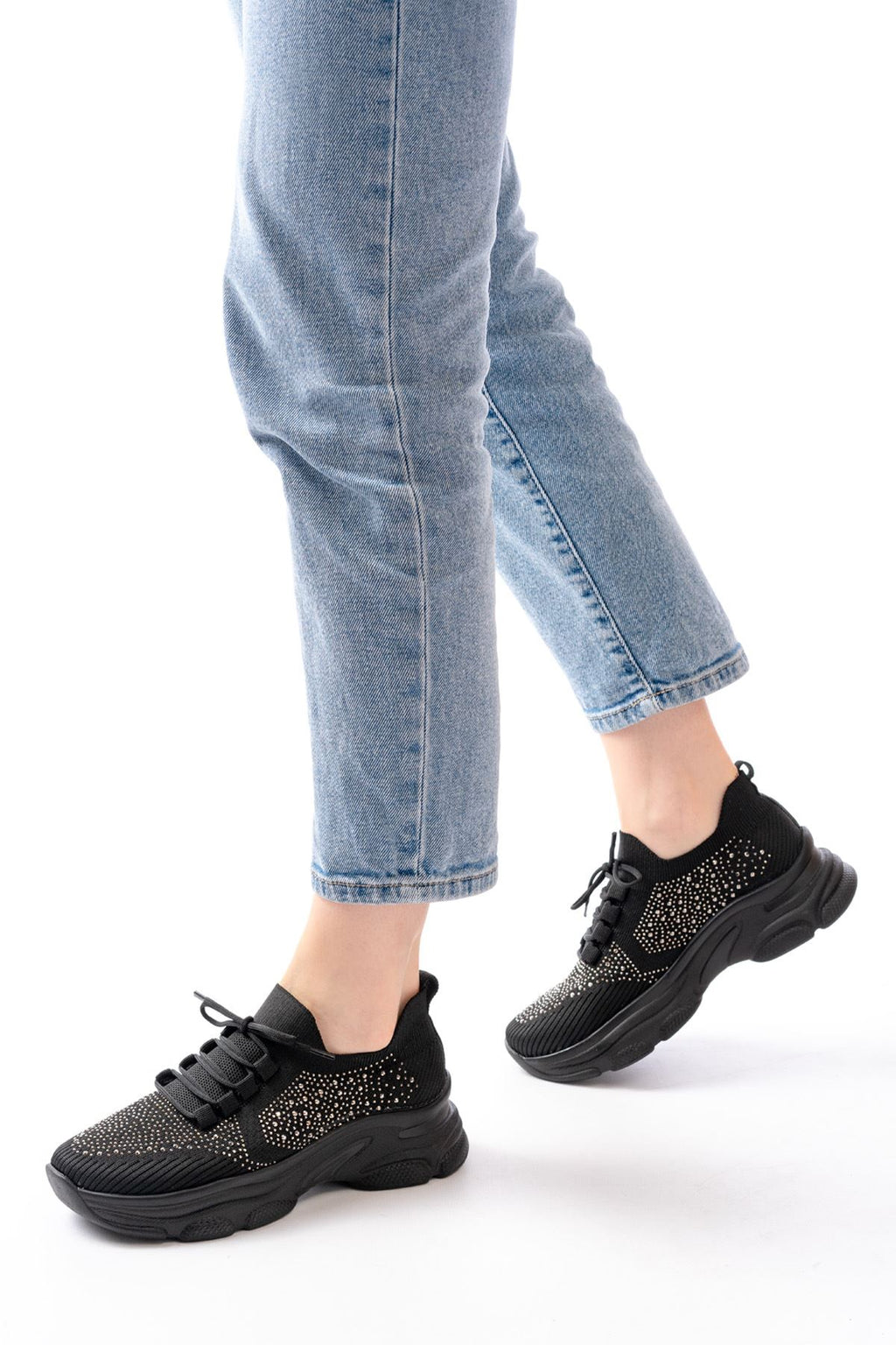 Ayakkabı Aşkı 3002 Siyah Bağcıklı Fileli Taş Aksesuarlı Günlük Spor Ayakkabı - Ayakkabı Aşkı