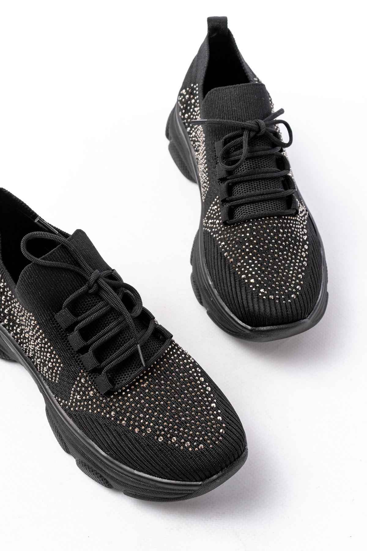Ayakkabı Aşkı 3002  Siyah Bağcıklı Fileli Taş Aksesuarlı Günlük Spor Ayakkabı