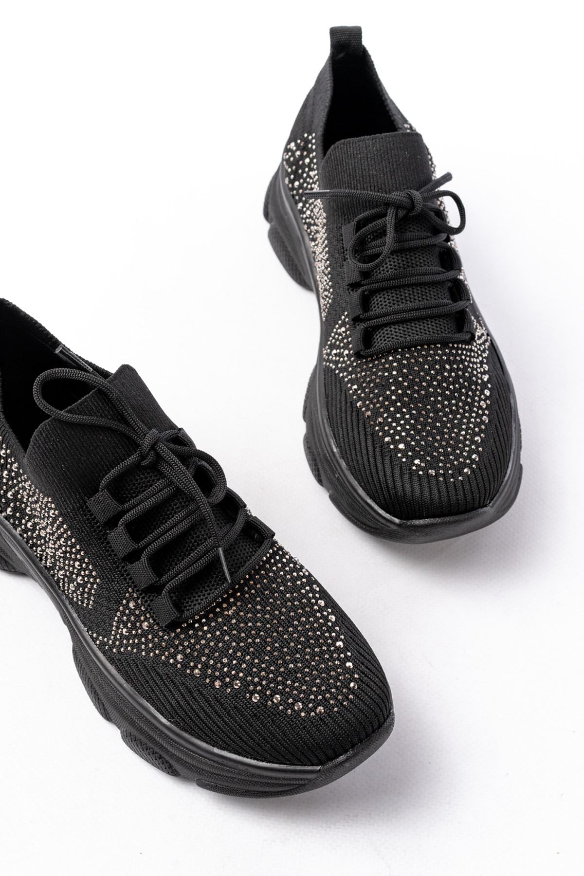 Ayakkabı Aşkı Siyah Bağcıklı Fileli Taş Aksesuarlı Günlük Spor Ayakkabı