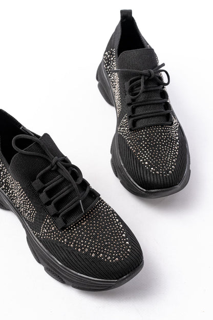 Ayakkabı Aşkı Siyah Bağcıklı Fileli Taş Aksesuarlı Günlük Spor Ayakkabı