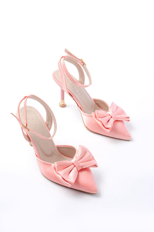 Ayakkabı Aşkı İNF-4505 Pembe Saten Günlük Arkası Açık Kurdele detaylı Topuklu Bayan Ayakkabı