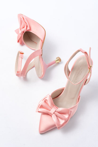 Ayakkabı Aşkı İNF-4505 Pembe Saten Günlük Arkası Açık Kurdele detaylı Topuklu Bayan Ayakkabı