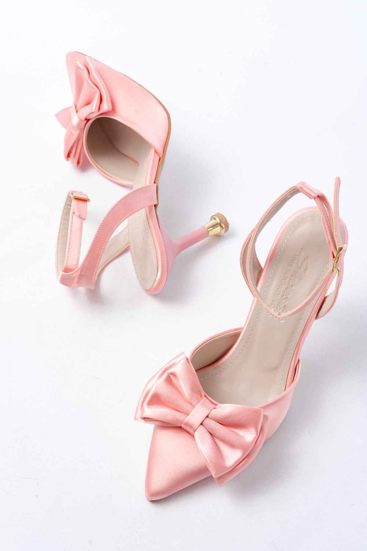 Ayakkabı Aşkı Inf-4505 Pembe Saten Günlük Arkası Açık Kurdele Detaylı Topuklu Bayan Ayakkabı