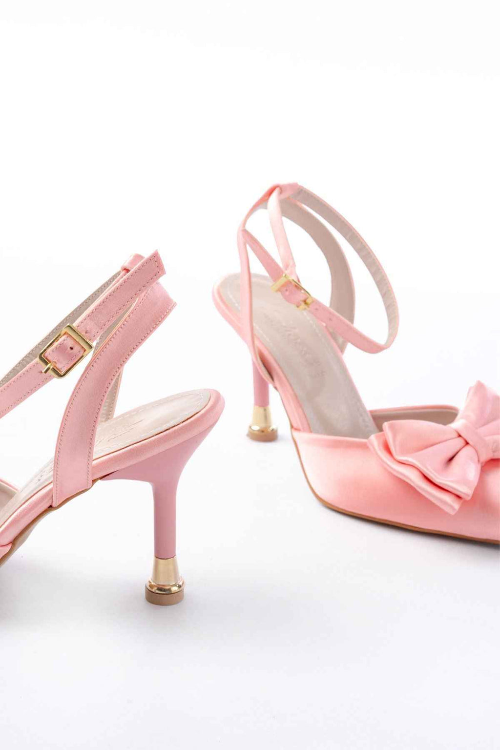 Ayakkabı Aşkı Inf-4505 Pembe Saten Günlük Arkası Açık Kurdele Detaylı Topuklu Bayan Ayakkabı